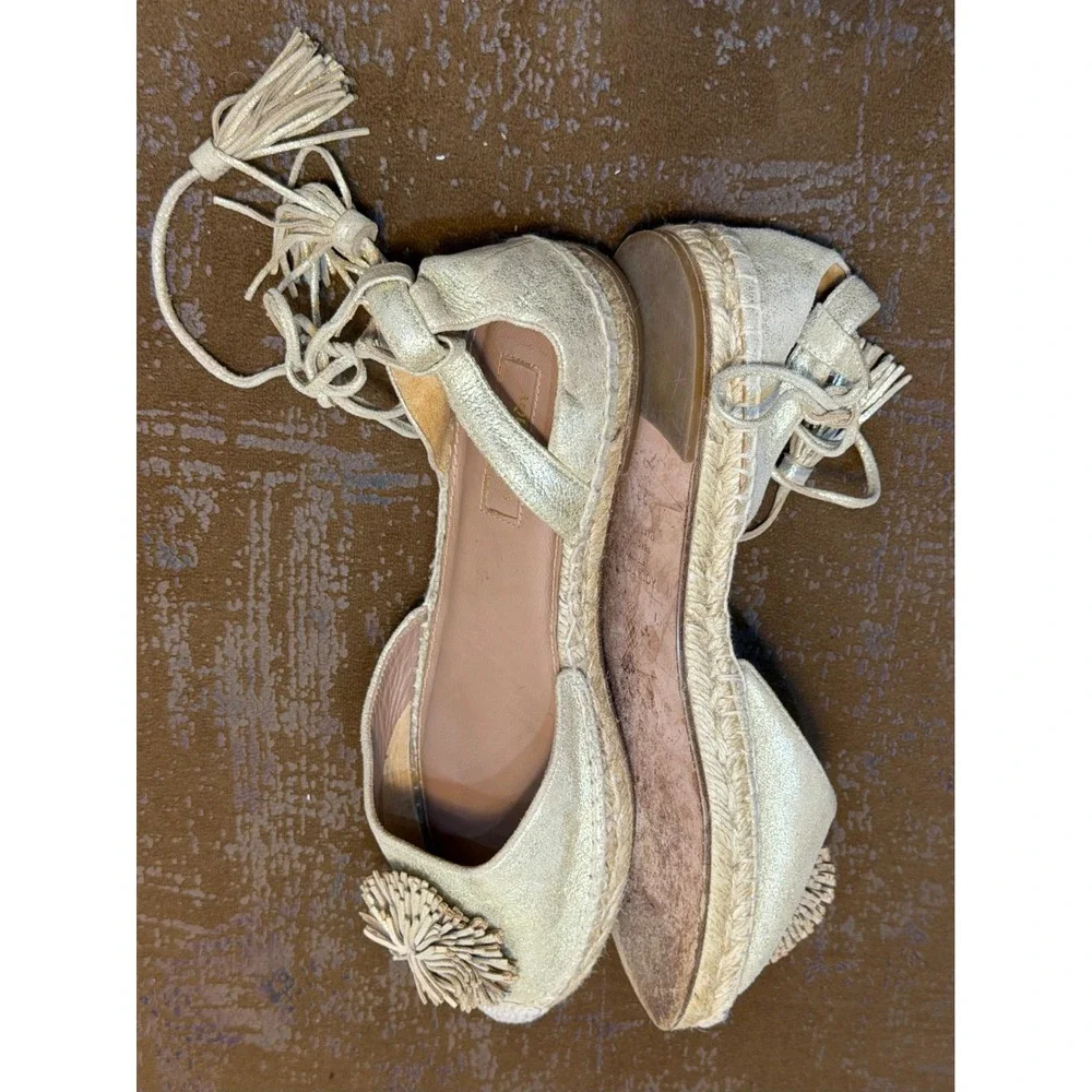 Aquazzura Gold Metallic Pom Pom Tassel Lace Up Espadrille Flats EU 38.5 Spain